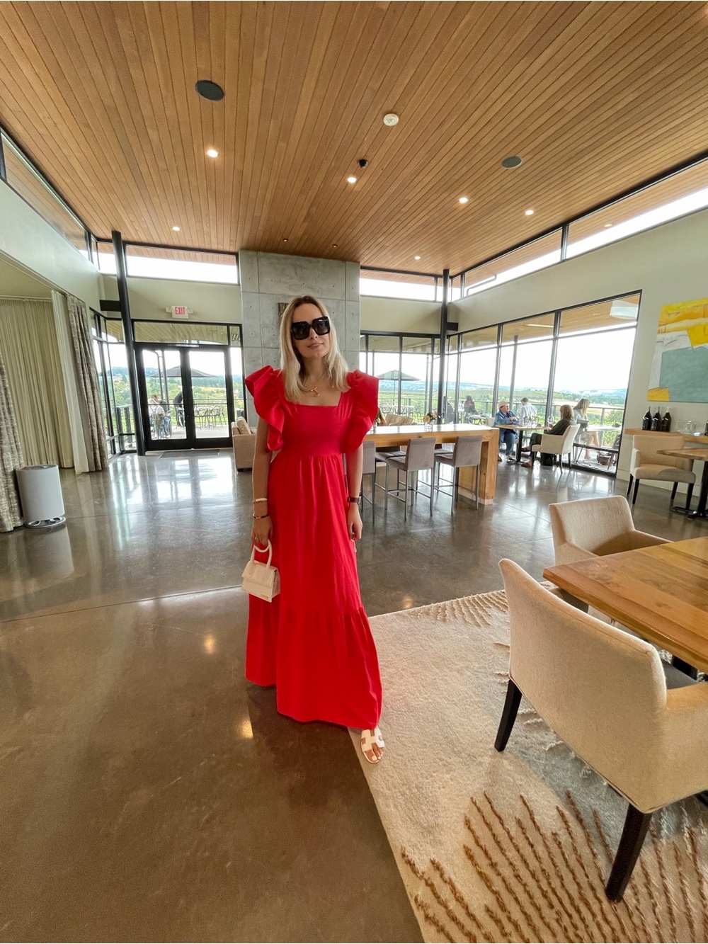 Elegant Red Ruffle-Sleeve Maxi Dress - Women